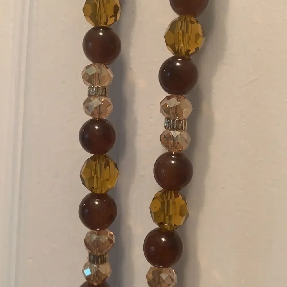 Long‎ Brown Gold Beaded Necklace with Tassels 24 Inches Long